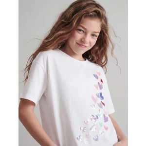 LCW Kids Ekru Çift Yönlü Payetli Kalp Desenli Kız Çocuk Tişört