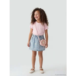 LCW Kids İndigo Çiçek Nakışlı Beli Lastikli Kız Çocuk Jean Etek