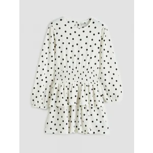 LCW Kids Ekru Bisiklet Yaka Puantiyeli Kız Çocuk Elbise