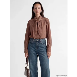 LCWAIKIKI Classic Kahverengi Fular Yakalı Çizgili Kadın Gömlek Tunik