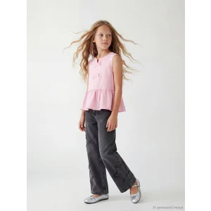 LCW Kids Siyah Wideleg Nakışlı Kız Çocuk Jean Pantolon