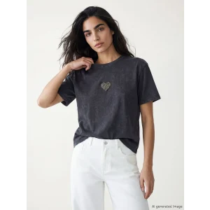 LCW Vision Antrasit Kalp İşlemeli Oversize Kadın Tişört