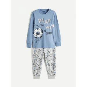 LCW Kids Mavi Bisiklet Yaka Baskılı Erkek Çocuk Pijama Takım