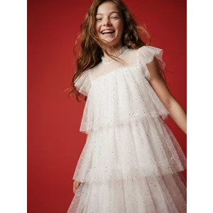 LCW Kids Ekru Fırfır Yaka Kız Çocuk Kat Kat Tütü Elbise