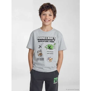 LCW Kids Gri Minecraft Baskılı Erkek Çocuk Tişört