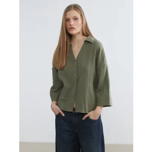 LCW Vision Haki Dokulu Oversize Kadın Gömlek