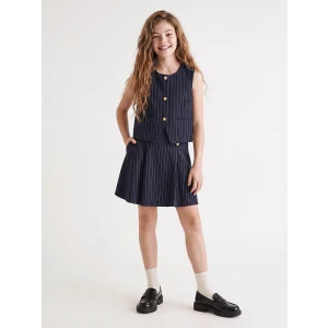 LCW Kids Lacivert Düğme Detaylı Çizgili Kız Çocuk Etek