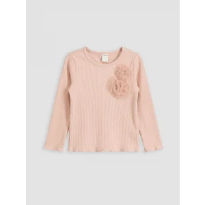 LCW Kids Pembe Bisiklet Yaka Çiçek Aplikeli Kız Çocuk Tişört