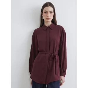 LCW Modest Bordo Beli Kuşaklı Oversize Kadın Gömlek Tunik