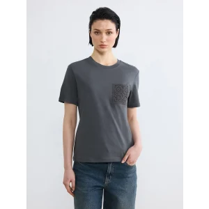 LCW Vision Antrasit Bisiklet Yaka Nakışlı Kadın Tişört