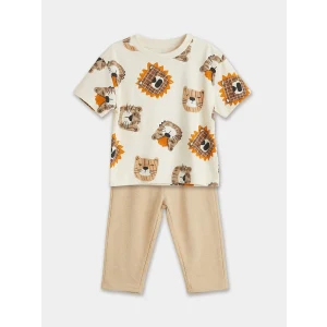 LCW baby Ekru Bisiklet Yaka Hayvan Baskılı Erkek Bebek Tişört Ve Pantolon