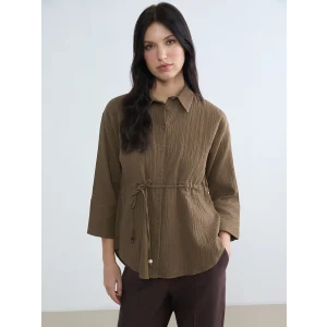 LCWAIKIKI Classic Kahverengi Bağlamalı Dokulu Kadın Müslin Gömlek