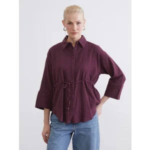 LCWAIKIKI Classic Mürdüm Bağlamalı Dokulu Kadın Müslin Gömlek