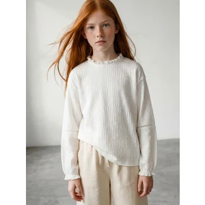 LCW Kids Ekru Fırfırlı Dik Yaka Yaka Kız Çocuk Tişört