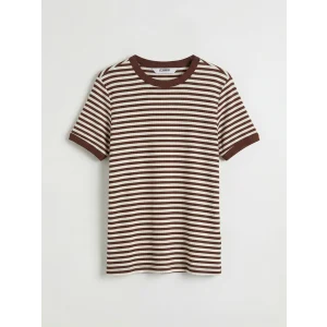 LCW Kids Kahverengi Bisiklet Yaka Simli Çizgili Kız Çocuk Tişört