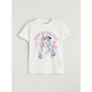 LCW Kids Beyaz Bisiklet Yaka Baskılı Kız Çocuk Tişört