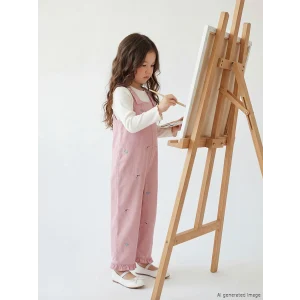 LCW Kids Ekru Nakışlı Kız Çocuk Salopet ve Tişört Takımı