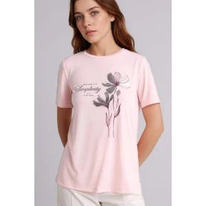 Defacto H1461AXPN127 Pembe Relax Fıt Bisiklet Yaka Çiçekli Kısa Kollu Tişört