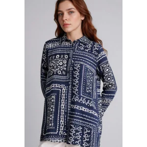 Defacto T0609AZNV253 Lacivert Loose Fıt Gömlek Yaka Baskılı Uzun Kollu Tunik