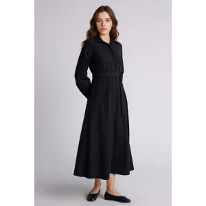 Defacto H0195AXBK81 Siyah Gömlek Yaka Poplin Uzun Kollu Elbise