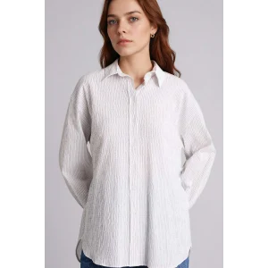 Defacto H0277AXER105 Ekru Regular Fıt Çizgili Gofre Dokulu Uzun Kollu Tunik