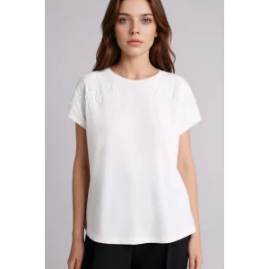 Defacto H1452AXER105 Ekru Bisiklet Yaka Çiçekli Kısa Kollu Tişört