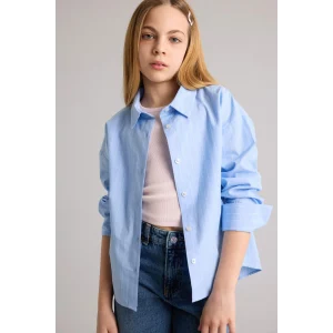 Defacto H0578A8BE216 Mavi Poplin Gömlek Kız Çocuk