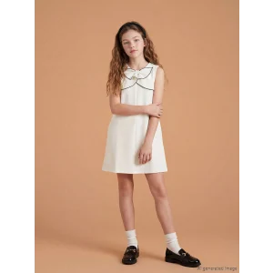 LCW Kids Ekru Bisiklet Yaka Fiyonk Detaylı Kız Çocuk Elbise