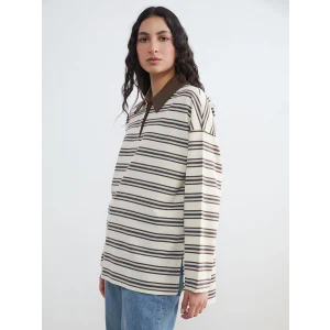 LCW Modest Mavi Polo Yaka Çizgili Kadın Sweatshirt Tunik