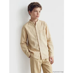 LCW Kids Bej Hakim Yaka Keten Karışımlı Erkek Çocuk Gömlek
