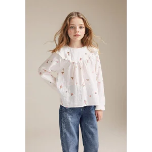Defacto G7746A8ER105 Ekru Çiçek İşlemeli Müslin Bluz Kız Çocuk