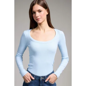 Defacto G8479AXBE366 Mavi Slım Fıt Yuvarlak Yaka Basıc Düz Fitilli Kaşkorse Uzun Kollu Tişört