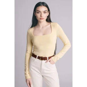 Defacto G8527AXYL240 Sarı Slım Fıt Kare Yaka Basıc Düz Modal Uzun Kollu Tişört