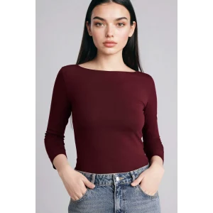 Defacto G9577AXBR171 Bordo Slım Fıt Kayık Yaka Uzun Kollu Tişört