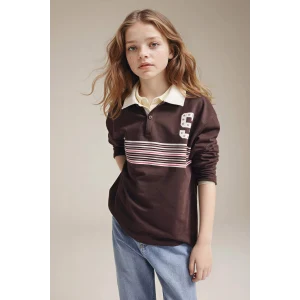 Defacto G8461A8BN130 Kahve Polo Yaka Baskılı Tişört Kız Çocuk