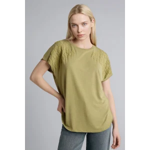 Defacto H1452AXKH473 Haki Bisiklet Yaka Çiçekli Kısa Kollu Tişört