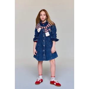Defacto G6931A8NM28 Mavi Patchlı Nakışlı Jean Elbise Kız Çocuk