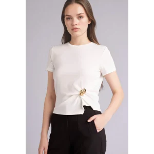 Defacto G9551AXER105 Ekru Slım Fıt Aksesuar Detaylı Ribana Tişört