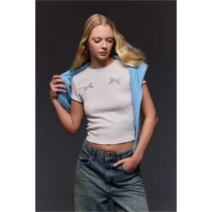 Defacto G8993AXWT32 Beyaz Fıtted Bisiklet Yaka Baskılı Ribana Kısa Kollu Tişört