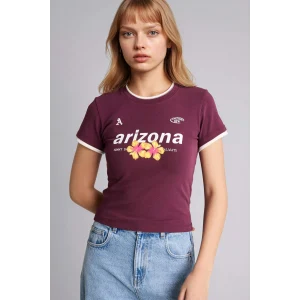 Defacto G2511AXBR232 Bordo Fıtted Baskılı Ribana Tişört