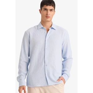 Defacto D7246AXBE177 Mavi Modern Fıt Polo Yaka Dokuma Uzun Kollu Gömlek