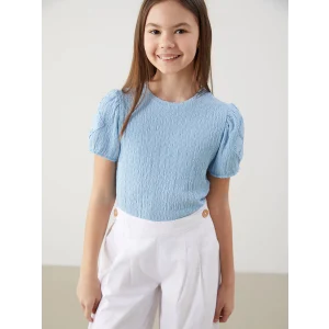 LCW Kids Mavi Bisiklet Yaka Dokulu Kız Çocuk Tişört