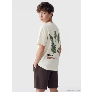 LCW Kids Bej Bisiklet Yaka Baskılı Erkek Çocuk Tişört