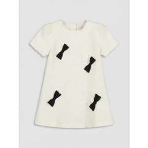 LCW Kids Ekru Bisiklet Yaka Fiyonklu Kız Çocuk Tüvit Elbise