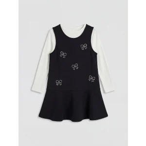 LCW Kids Siyah Bisiklet Yaka Fiyonk Detaylı Kız Çocuk Elbise