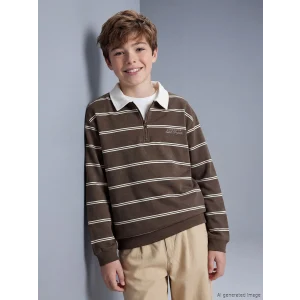 LCW Kids Kahverengi Polo Yaka Çizgili Erkek Çocuk Tişört