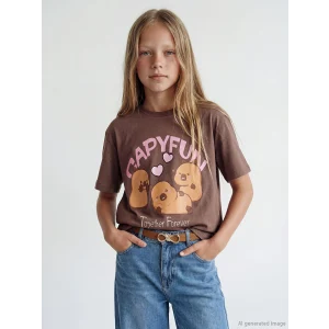 LCW Kids Kahverengi Bisiklet Yaka Capyfun Baskılı Kız Çocuk Tişört