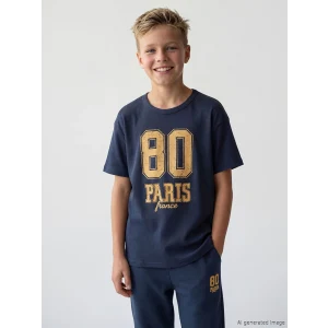 LCW Kids Lacivert Bisiklet Yaka Paris Baskılı Erkek Çocuk Tişört