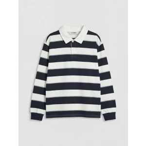 LCW Kids Lacivert Polo Yaka Uzun Kollu Çizgili Erkek Çocuk Tişört