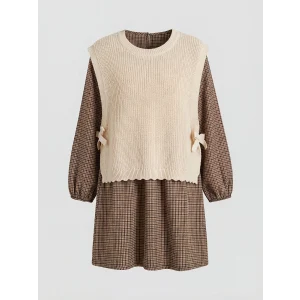 LCW Kids Ekru Bisiklet Yaka Ekose Kız Çocuk Elbise ve Süveter